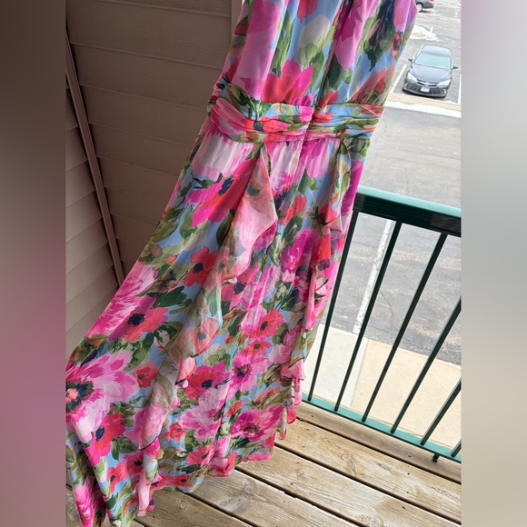 🆕 Xscape Floral Chiffon Halter Maxi Dress Size 12 Pink Blue Ruffle Formal Gown - Picture 8 of 17